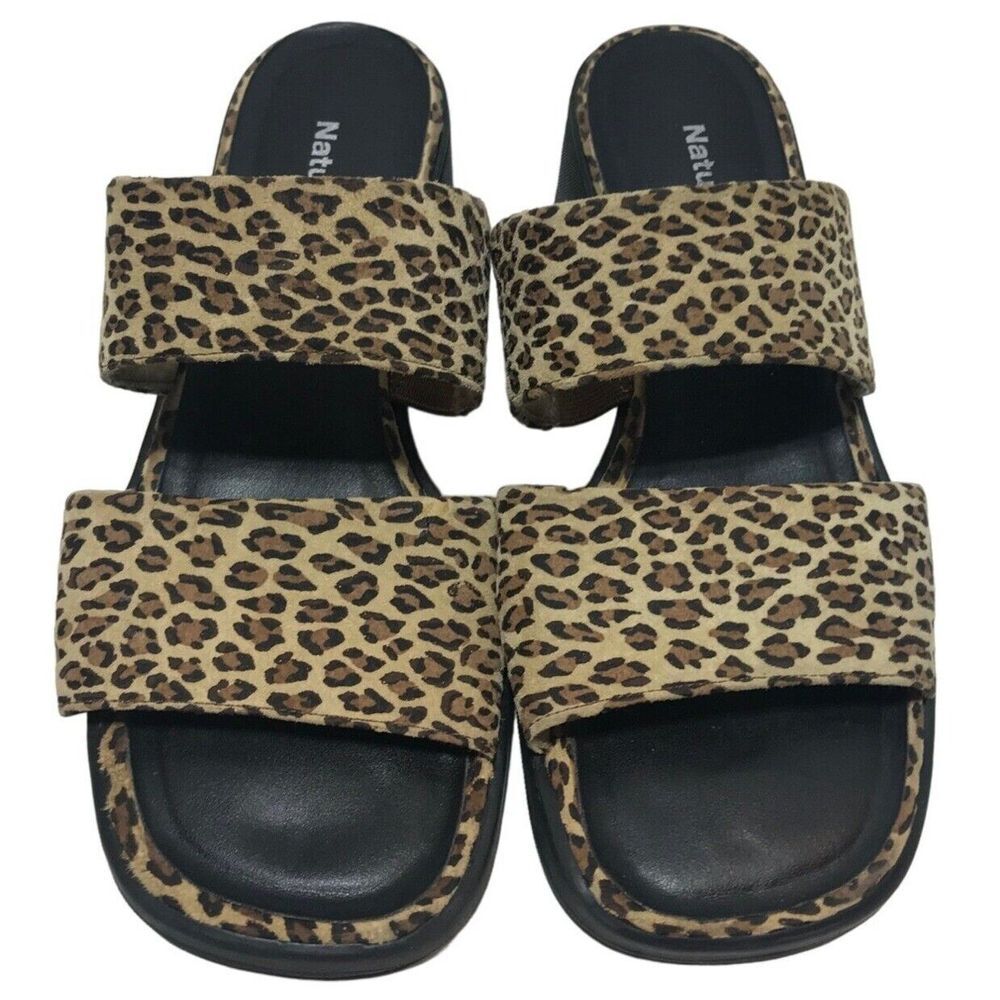 Naturalizer slip on block heal sandal women 7.5M fit 4 U shoe cheetah slide‎